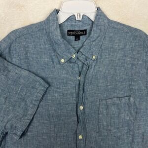 J Crew Linen Button Down Shirt Mens Large Mercantile Blue Short Sleeve Pocket